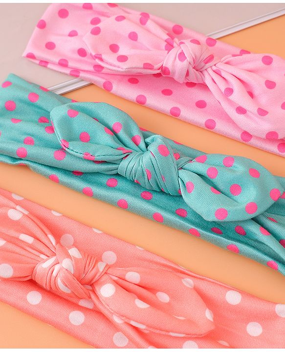 Babyhug Headbands with Bow Applique & Polka Dots Print Free Size Pack of 3 - Pink Mint & Peach
