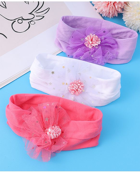 Babyhug Headbands with Bow Applique Free Size Pack of 3 - Dark Pink White & Purple
