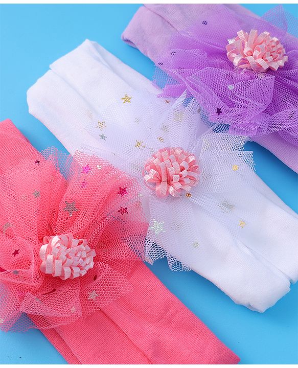 Babyhug Headbands with Bow Applique Free Size Pack of 3 - Dark Pink White & Purple