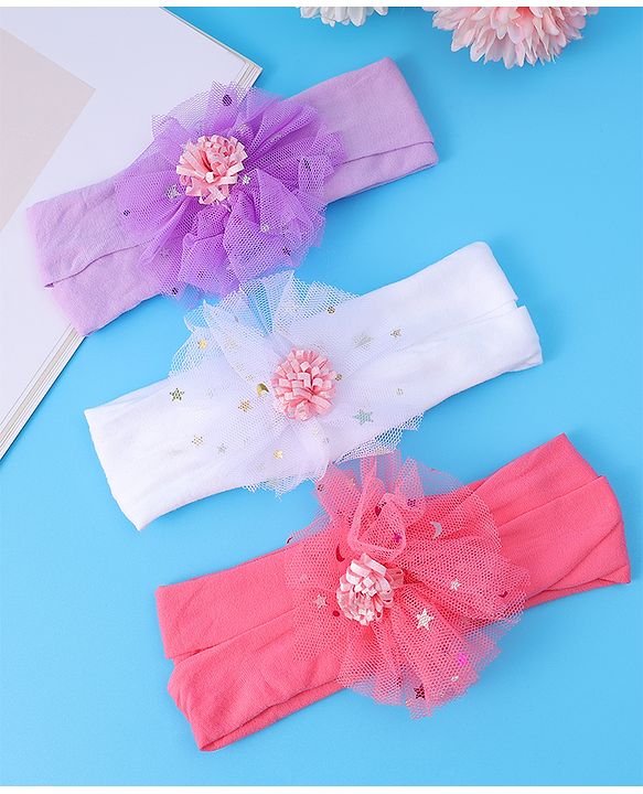 Babyhug Headbands with Bow Applique Free Size Pack of 3 - Dark Pink White & Purple