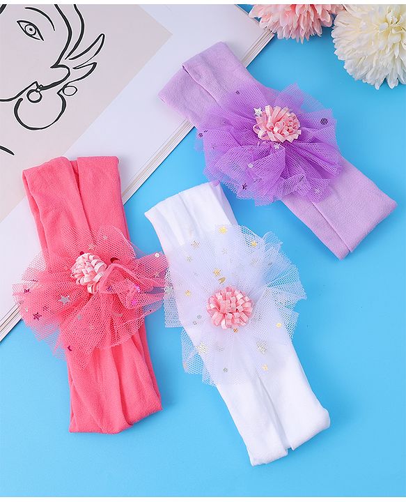 Babyhug Headbands with Bow Applique Free Size Pack of 3 - Dark Pink White & Purple