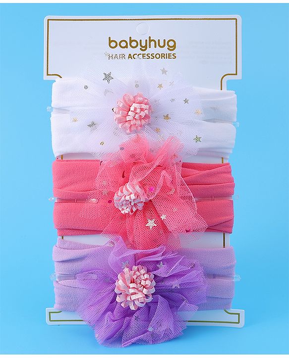 Babyhug Headbands with Bow Applique Free Size Pack of 3 - Dark Pink White & Purple