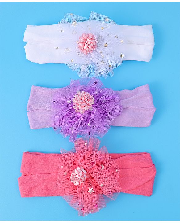 Babyhug Headbands with Bow Applique Free Size Pack of 3 - Dark Pink White & Purple