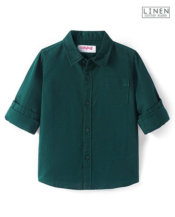 Babyhug Cotton Knit Full Sleeves Solid Collar Shirt - Dark Green