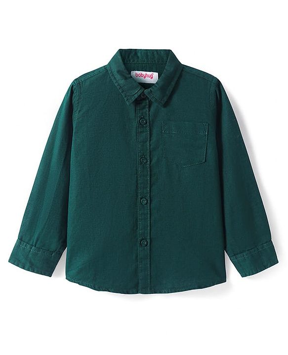 Babyhug Cotton Knit Full Sleeves Solid Collar Shirt - Dark Green
