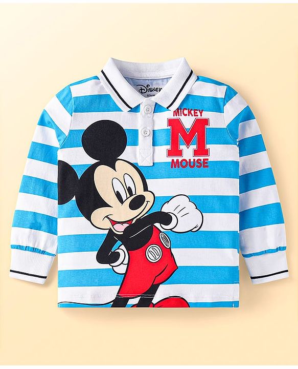 Babyhug Disney Single Jersey Knit Full Sleeves Polo T-Shirt with Striped & Mickey Mouse Print -White & Blue