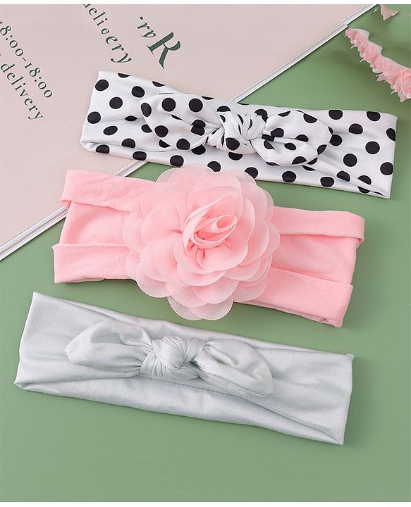 Babyhug Headbands with Floral & Bow Applique Free Size Pack of 3 - Pink White & Silver