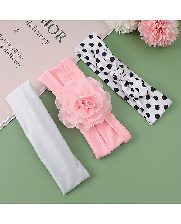 Babyhug Headbands with Floral & Bow Applique Free Size Pack of 3 - Pink White & Silver