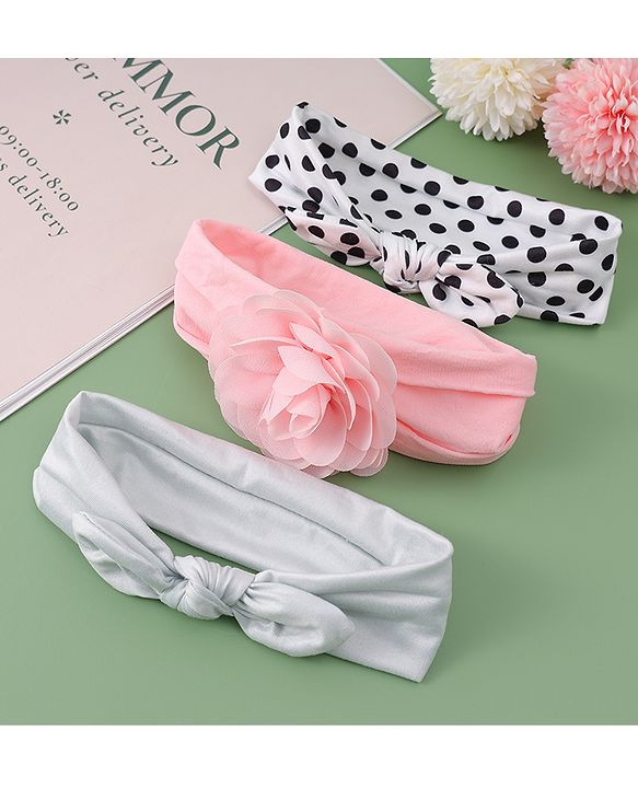 Babyhug Headbands with Floral & Bow Applique Free Size Pack of 3 - Pink White & Silver