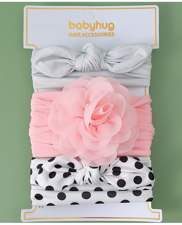 Babyhug Headbands with Floral & Bow Applique Free Size Pack of 3 - Pink White & Silver