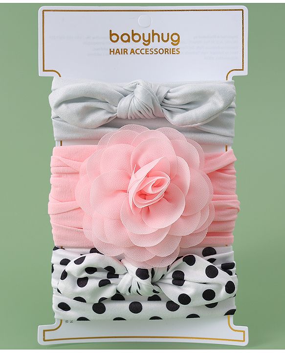 Babyhug Headbands with Floral & Bow Applique Free Size Pack of 3 - Pink White & Silver