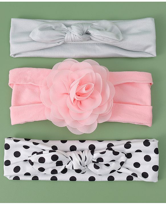 Babyhug Headbands with Floral & Bow Applique Free Size Pack of 3 - Pink White & Silver