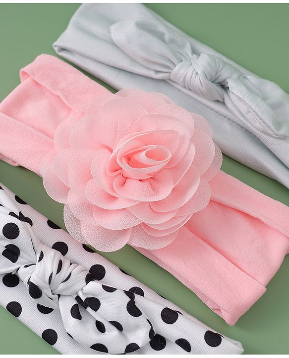Babyhug Headbands with Floral & Bow Applique Free Size Pack of 3 - Pink White & Silver