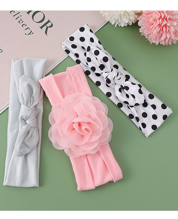 Babyhug Headbands with Floral & Bow Applique Free Size Pack of 3 - Pink White & Silver