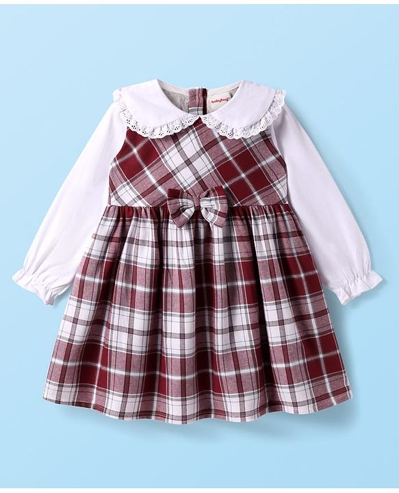 Babyhug Cotton Knit Full Peasant Sleeves Peter Pan Collared Frock with Bow Applique - Maroon