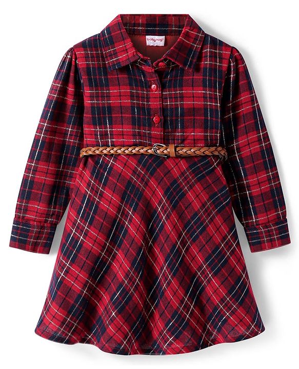 Babyhug Cotton Woven Full Sleeves Checkered Frock With Collar Neck - Dark Red