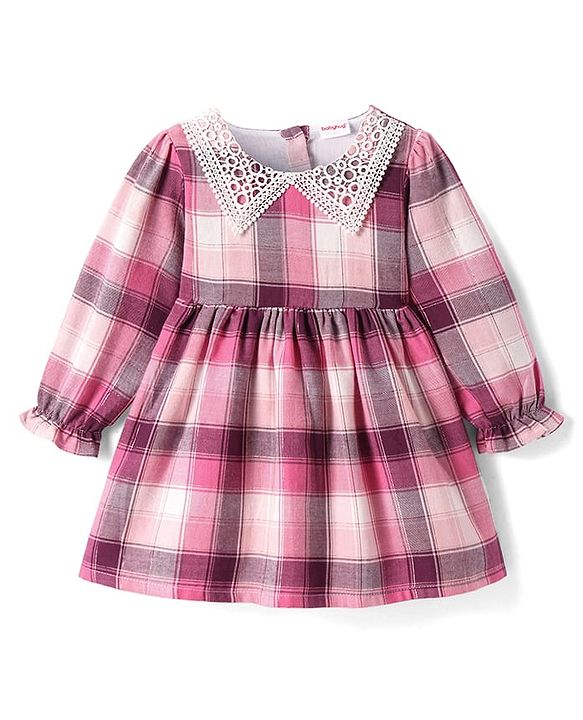 Babyhug Cotton Woven Full Sleeves Checkered Frock with Crochet Detailing - Pink