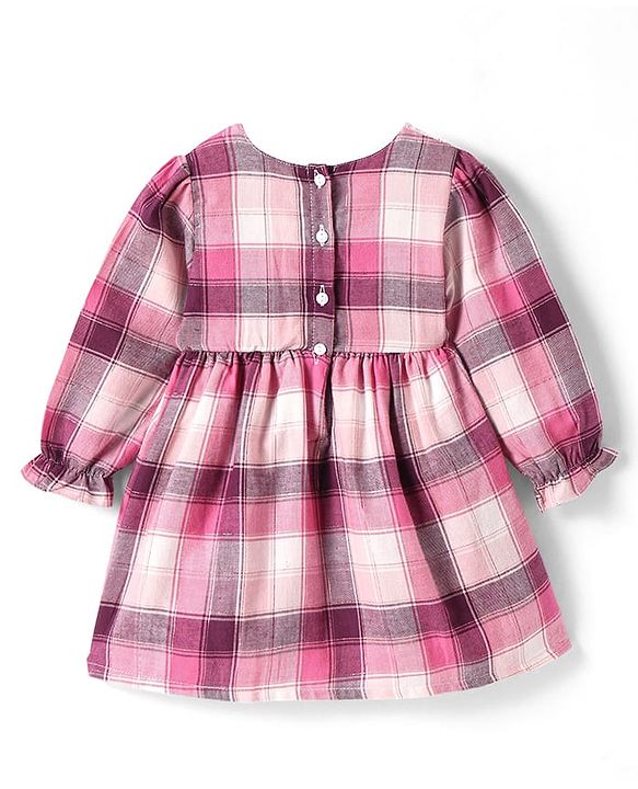 Babyhug Cotton Woven Full Sleeves Checkered Frock with Crochet Detailing - Pink