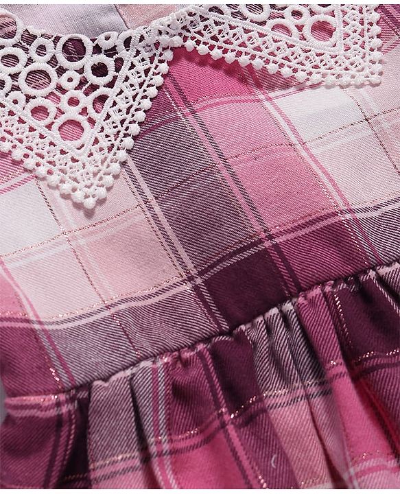 Babyhug Cotton Woven Full Sleeves Checkered Frock with Crochet Detailing - Pink