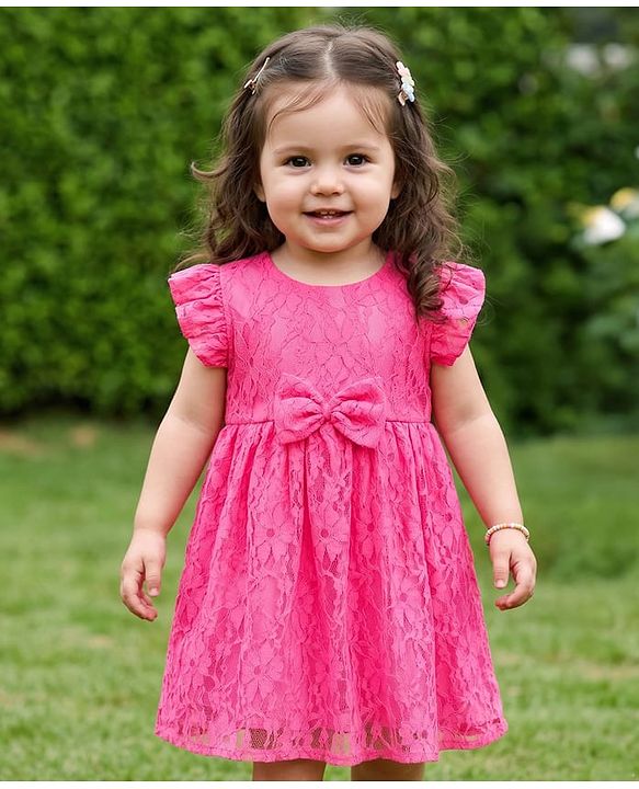 Babyhug Cotton Woven Frilled Sleeves Frocks with Bow Applique -  Dark Pink