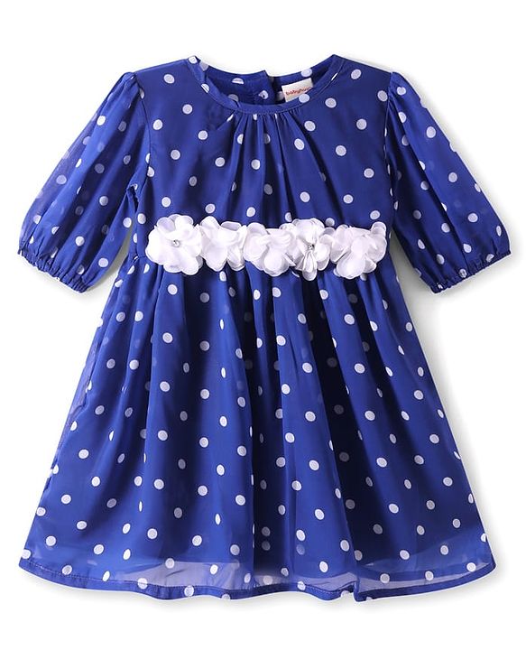 Babyhug Cotton Woven Half Sleeves Frock with Polka Dots Print & Floral Applique - Blue