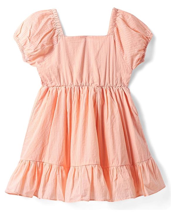 Babyhug Cotton Woven Half Puffed Sleeves Anti Bacterial Frock with Floral Embroidery - Peach