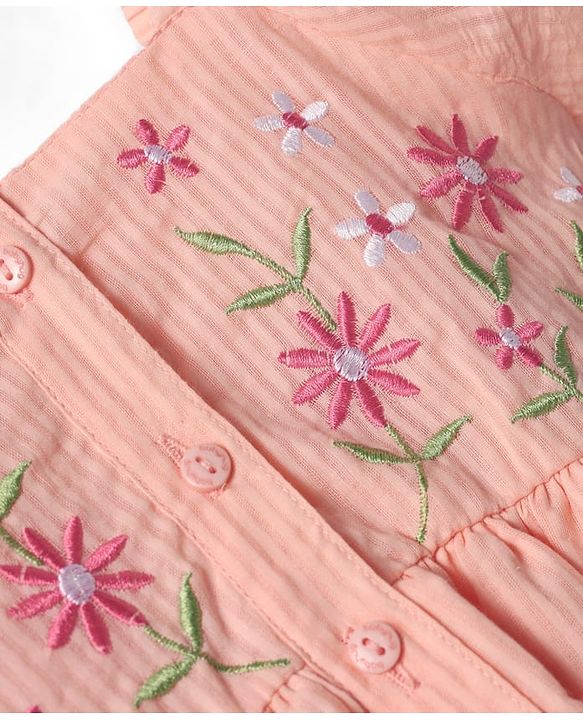 Babyhug Cotton Woven Half Puffed Sleeves Anti Bacterial Frock with Floral Embroidery - Peach