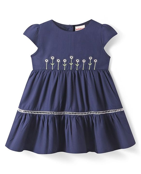 Babyhug Cotton Woven Cap Sleeves Frock with Floral Embroidery - Navy Blue