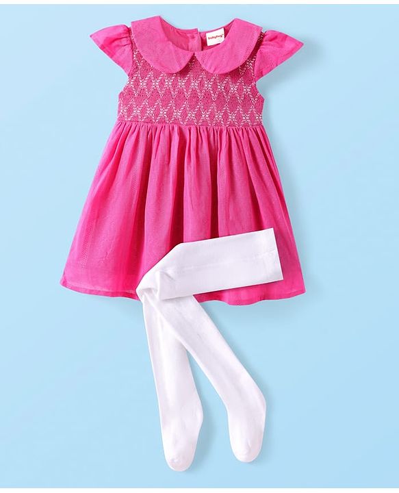 Babyhug Cotton Woven Sleeveless Frock With Aztec Print & Stockings - Dark Pink