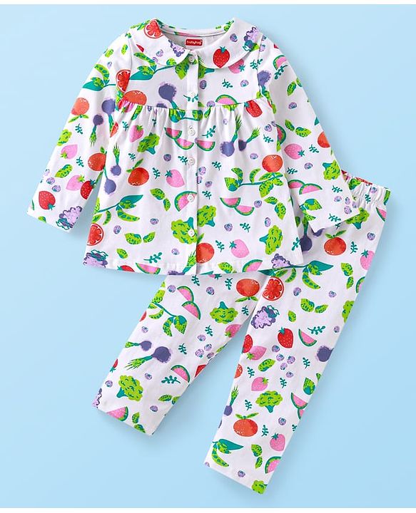 Babyhug Cotton Knit Full Sleeves Night Suit With Floral Print - White