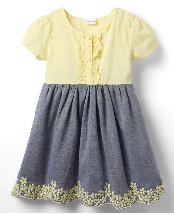 Babyhug Cotton Woven Half Sleeves Frock With Floral Embroidery - Yellow & Blue