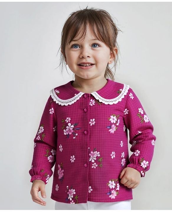 Babyhug Woven Full Sleeves Top with Floral Print & Peter Pan Collar - Dark Pink