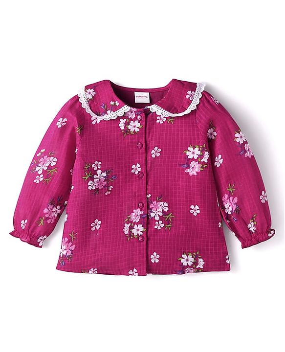 Babyhug Woven Full Sleeves Top with Floral Print & Peter Pan Collar - Dark Pink