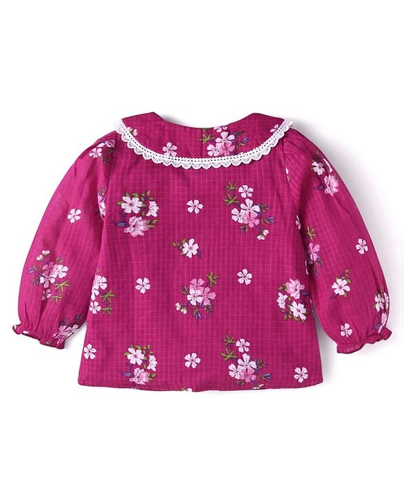 Babyhug Woven Full Sleeves Top with Floral Print & Peter Pan Collar - Dark Pink