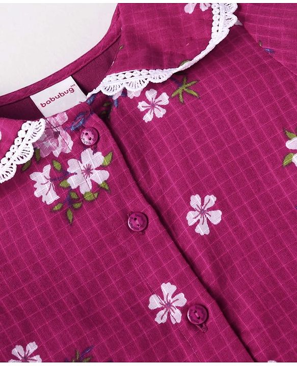 Babyhug Woven Full Sleeves Top with Floral Print & Peter Pan Collar - Dark Pink