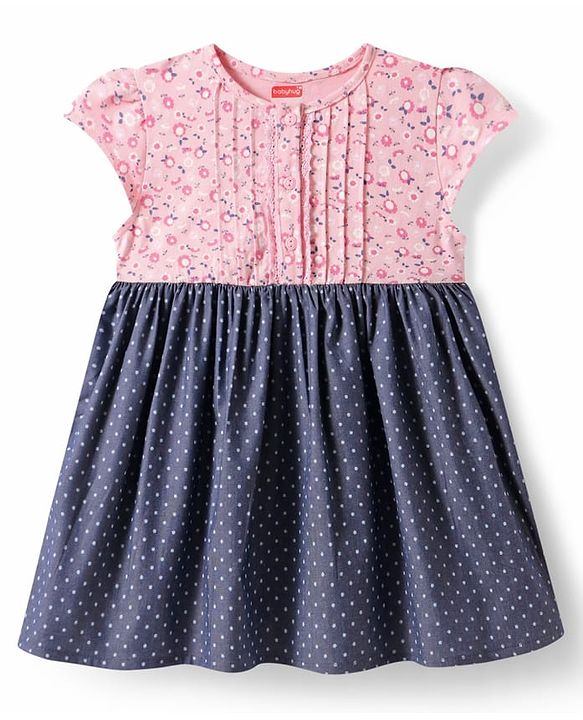 Babyhug Cotton Woven Cap Sleeves Frock with Floral & Polka Dots Print - Pink