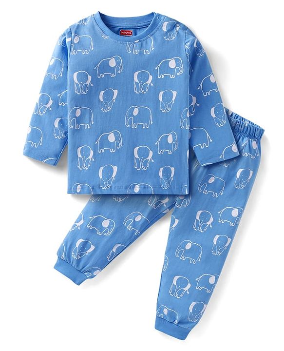 Babyhug Cotton Knit Full Sleeves Night Suit with Elephant Print - Blue