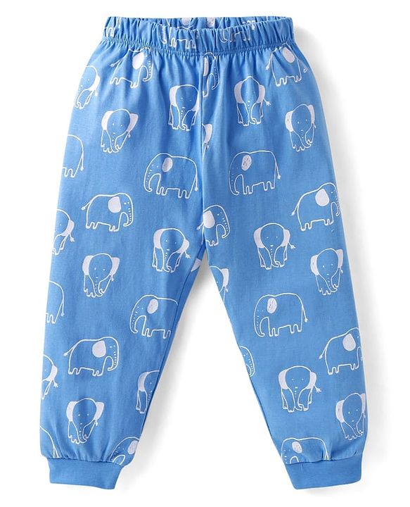 Babyhug Cotton Knit Full Sleeves Night Suit with Elephant Print - Blue