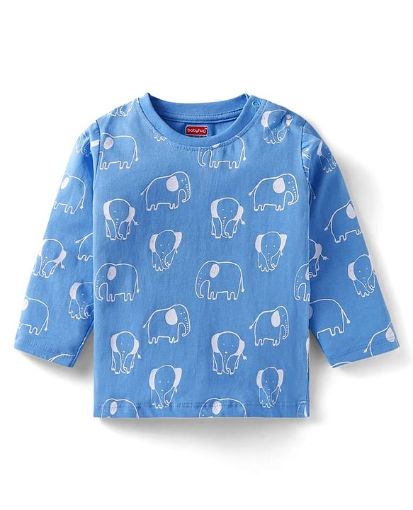 Babyhug Cotton Knit Full Sleeves Night Suit with Elephant Print - Blue