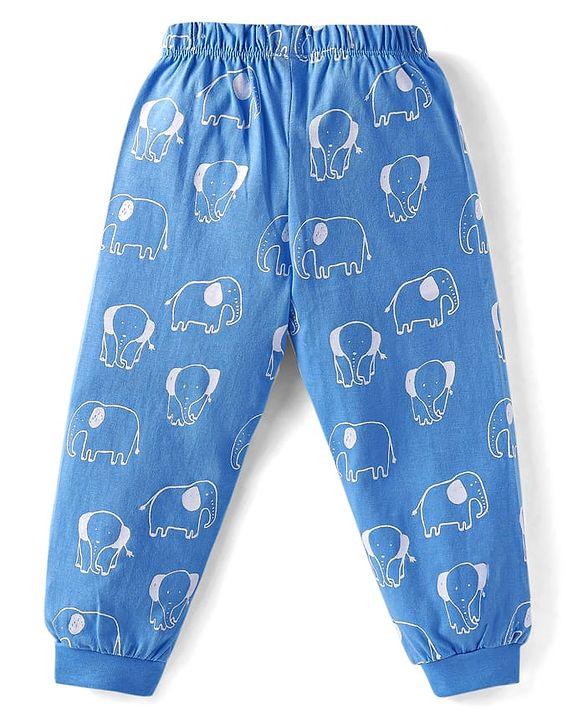 Babyhug Cotton Knit Full Sleeves Night Suit with Elephant Print - Blue