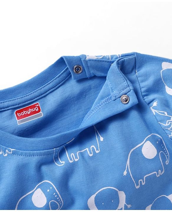 Babyhug Cotton Knit Full Sleeves Night Suit with Elephant Print - Blue