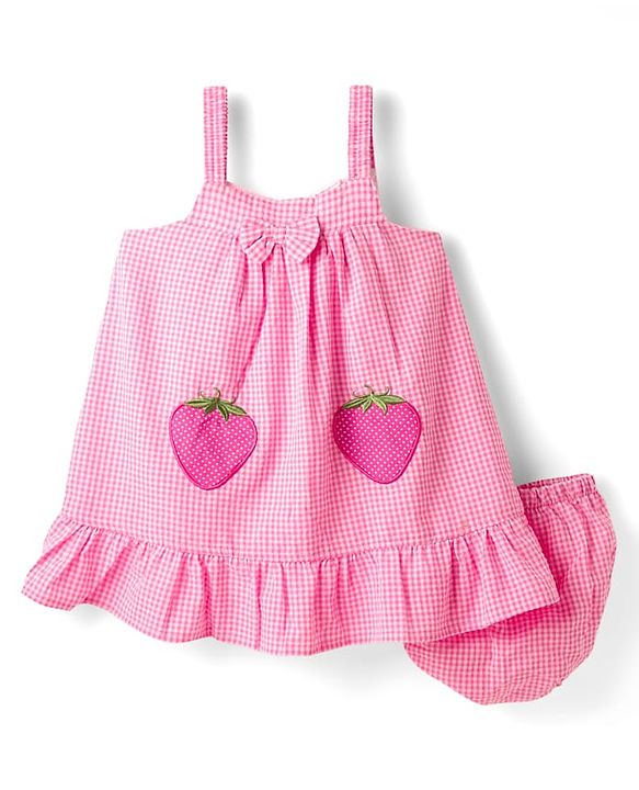Babyhug Cotton Woven Knee Length Checks Print Frock With Bloomers & Hat - Pink