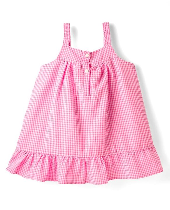 Babyhug Cotton Woven Knee Length Checks Print Frock With Bloomers & Hat - Pink