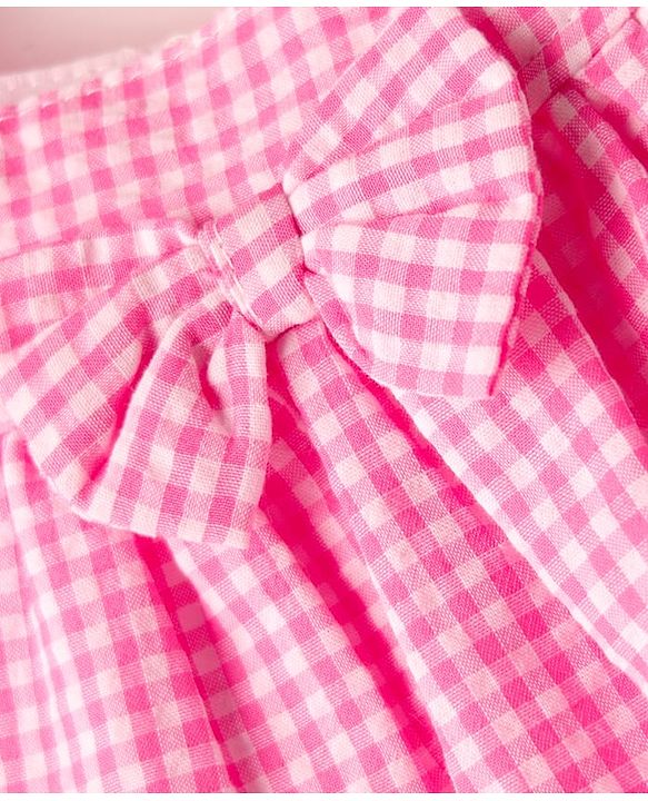 Babyhug Cotton Woven Knee Length Checks Print Frock With Bloomers & Hat - Pink