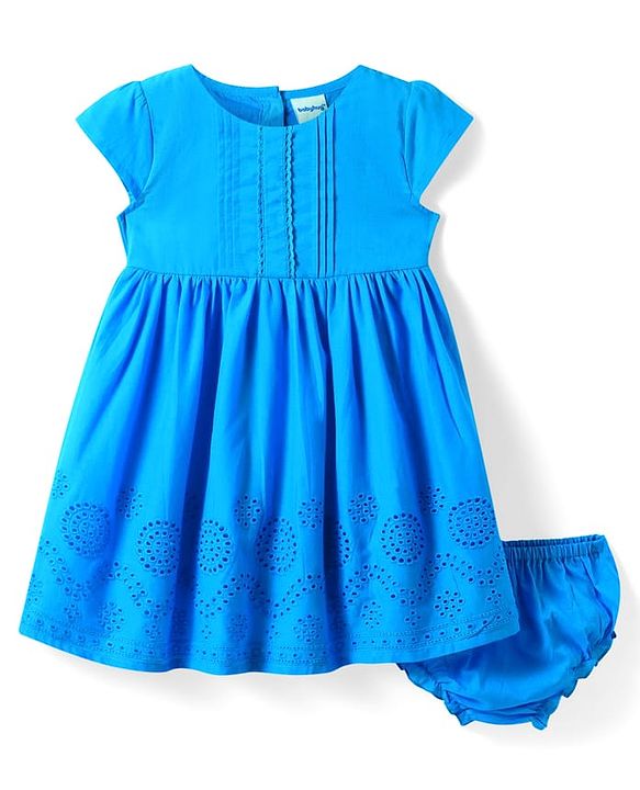 Babyhug Cotton Knit Cap Sleeves Solid Colour Frock With Bloomer - Blue