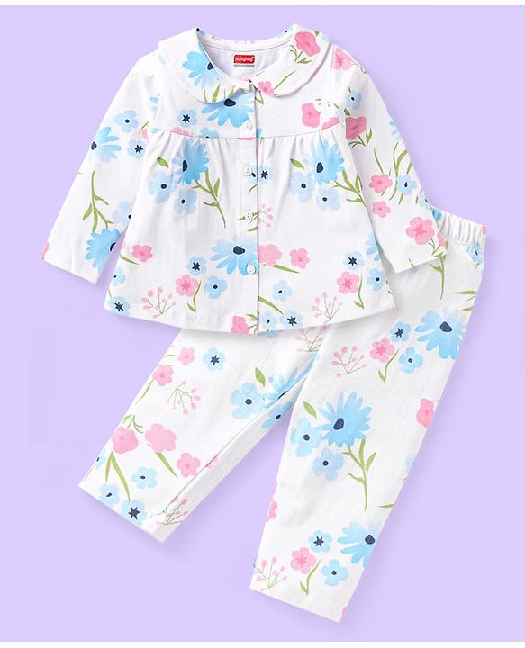 Babyhug Cotton Knit Front Open Full Sleeves Peter Pan Collar Night Suit with Floral - White