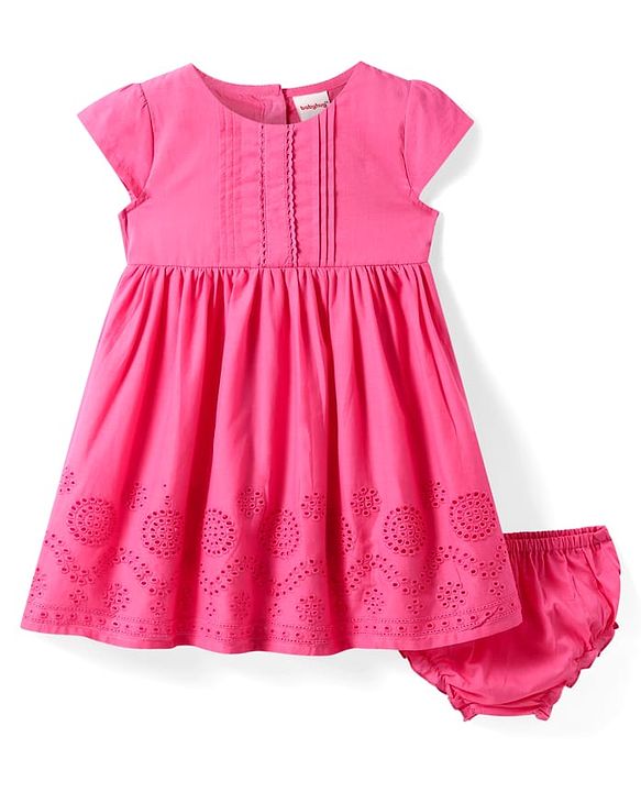 Babyhg Cotton Knit Cap Sleeves Frock with Bloomer & Pinktuck Detailing - Dark Pink