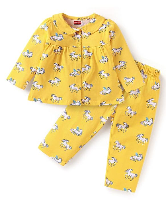 Babyhug Cotton Knit Full Sleeves Front Open Night Suit with Unicorn Print - Yellow