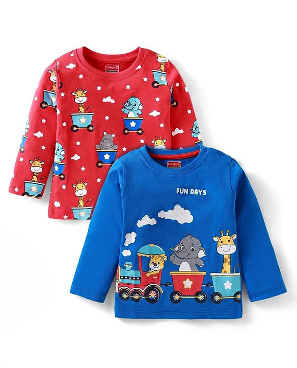 Babyhug Cotton Knit Full Sleeves T-Shirts with Animal Print Pack of 2 - Red & Blue