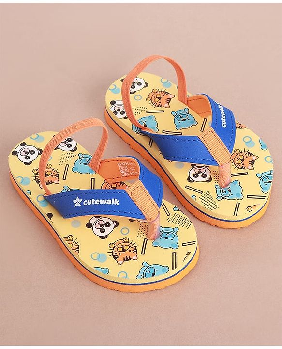 Cute Walk by Babyhug Flip Flops with Animal Print & Back Strap - Yellow